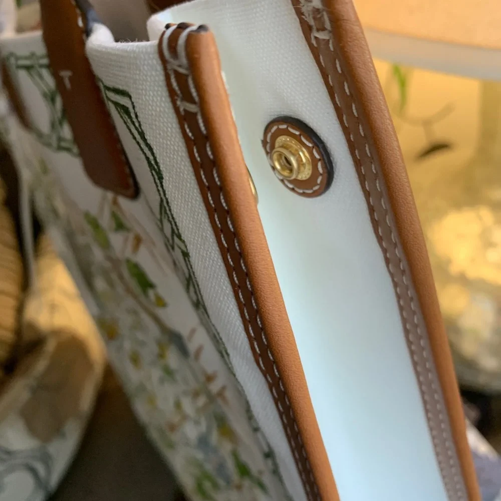 Authentic TORY BURCH Leather/Cotton printed magnetic snap long Tote - Picture 6 of 12